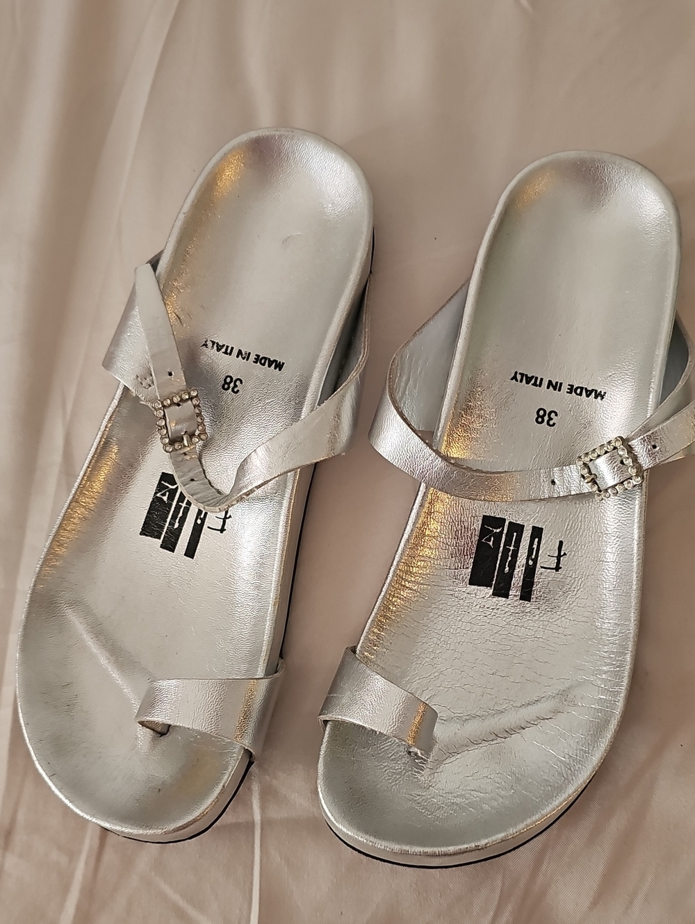 Fitz Silver Women’s Toe-Ring Slide Sandals - Made in Italy 38 Leather
